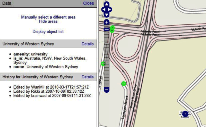 Figure 3. The User Ids responsible for mapping the University of Western Sydney and the history of selected features