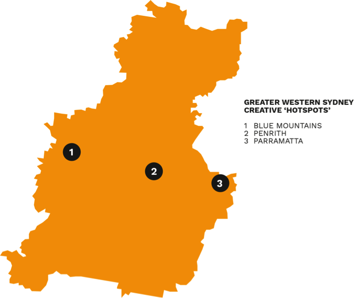 Map showing Greater Western Sydney’s creative hotspots in the Blue Mountains, Penrith, Parramatta