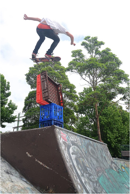 Figure 15. A stack of baker's trays and milk crates add to the challenge of this quarter pipe 'fly-out'.