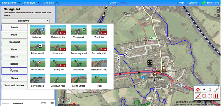 Figure 1. The Potlach 2 editing screen with a Bing backdrop turned on for the village of Hope in Derbyshire, UK