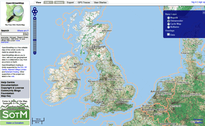 Figure 2. The OpenStreetmap interface with map soomed to level 7 and displayed in Osmarender 