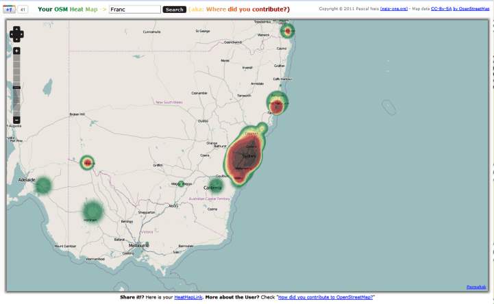 Figure 5: Where User Franc has mapped, showing his strong mapping focus on Sydney