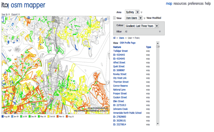Figure 8: User Franc's mapping of Sydney, colour-coded according to when he created the ways