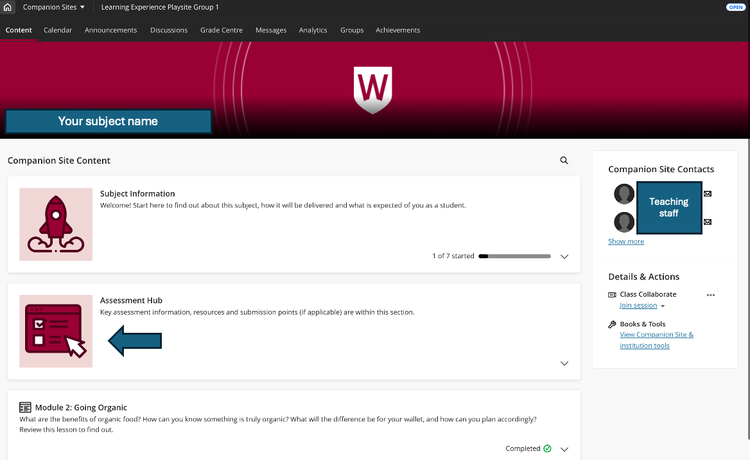 Screenshot of a Western Sydney University companion site showing the course content page. A university-branded banner with the Western Sydney University shield logo appears at the top above a placeholder course title, “Your subject name”. The main content area contains sections titled Subject Information and Assessment Hub, each with an illustrated icon and explanatory text. A large blue arrow has been added to the screenshot, pointing towards the Assessment Hub section to draw attention to it. On the right, a sidebar displays Companion Site Contacts with teaching staff contact options and a Details & Actions panel containing links for collaboration sessions and institutional tools. Navigation tabs across the top include Content, Calendar, Announcements, Discussions, Grade Centre, Messages, Analytics, Groups and Achievements.