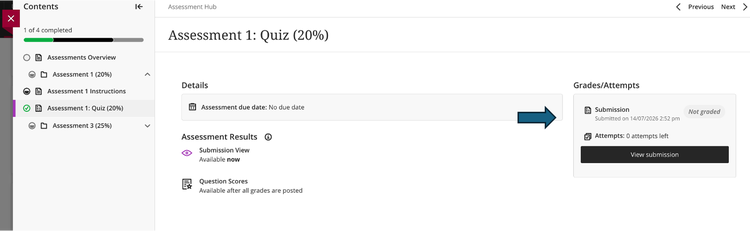 Screenshot of the student preview view in a learning management system showing Assessment 1: Quiz (20%) after submission. The left navigation panel indicates 1 of 4 completed, with a green progress bar and a checkmark beside Assessment 1: Quiz (20%). In the main content area, assessment details show no due date and an Assessment Results section with links to Submission View and Question Scores. A large blue arrow points towards the Grades/Attempts panel on the right, which displays the submission status, a submission date and time, zero attempts remaining, and a View submission button. Navigation controls for moving between assessment items appear at the top right of the page.