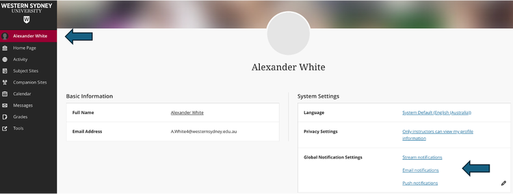 Screenshot of a learning management system user profile page. A navigation menu on the left includes links such as Home Page, Activity, Subject Sites, Companion Sites, Calendar, Messages, Grades and Tools. A large blue arrow points to the user profile area at the top of the menu, while another blue arrow highlights the Email notifications option under Global Notification Settings on the right-hand side of the page. The main profile area displays user information, including a profile image placeholder, full name and email address, along with settings for language, privacy and notification preferences.