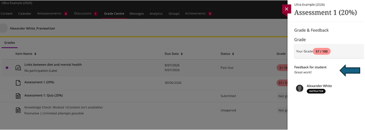 Screenshot of the Grade Centre in a learning management system with a grade details panel open for Assessment 1 (20%). The grades table is visible in the background, showing Assessment 1 (20%) with a mark of 57/100. On the right, a side panel titled Assessment 1 (20%) displays the student’s grade and instructor feedback. A large blue arrow points to the feedback section, which contains the comment “Great work!”. The panel also shows the assessor’s profile icon and an instructor label.